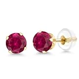 Gem Stone King 14K Yellow Gold Red Created Ruby Stud Earrings 1.20 cttw Round 5MM