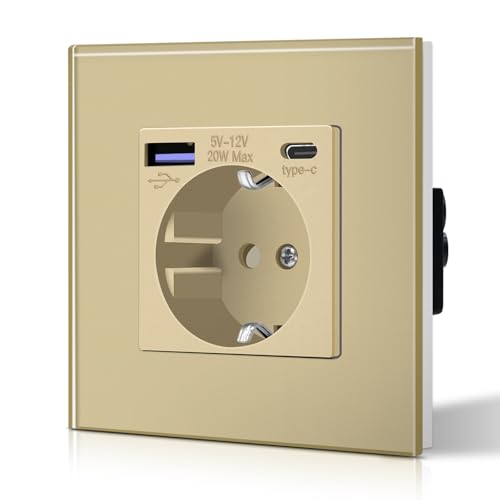 BSEED Enchufe Pared con 20W USB y Tipo C,Enchufe USB C de Cristal,Carga Rápida,3 en 1，Fácil Instalación,1 Enchufe,86mm Oro