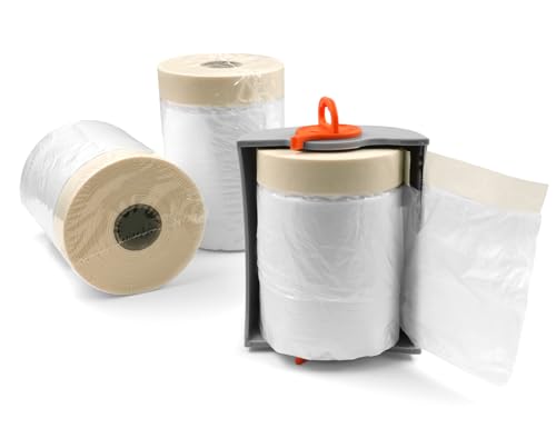 Image of ROLLINGDOG Pre-Taped Masking Film - Dust Plastic Sheets (3pcs 30M * 0.55M) with Convenient Reusable Dispenser for Small Spray Paint Jobs