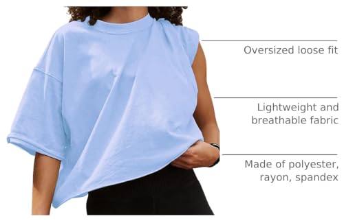 Image of HUGOOME Womens Oversized Workout Crop Top Casual Short Sleeve Boxy Roll Hem | Basic Half Split Sleeve Drop Shoulder Loose Yoga Running Gym Tee Cropped T-shirt Solid Trendy Relaxed Daily Tee