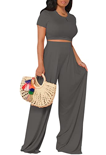 Image of Casual Summer 2 Piece Outfits for Women Crop Top High Waist Pants Sets
