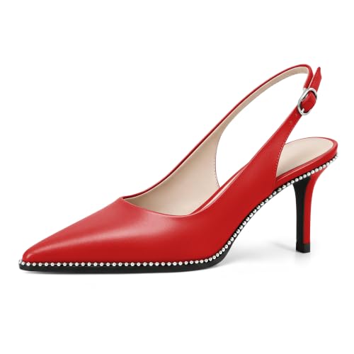 Image of YODEKS Slingback Heels for Women Pointy Toe Beaded Heels Close Toe Kitten Heel Pumps 2.5 Inch Stiletto Pumps Wedding Party Dressy Shoes