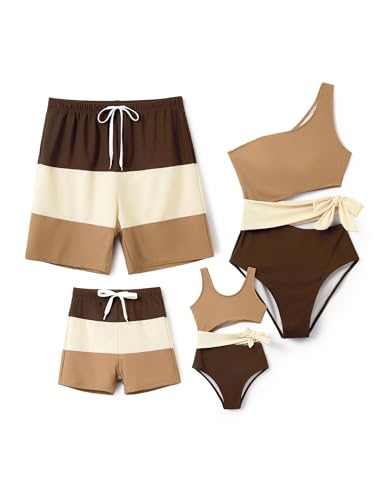 PATPAT Family Matching Swimsuits Set: One Shoulder Cut-Out Hawaiian Bikini Sets - Him and Hers Adults Bathing Suits with Beige Brown Colorblock SwimwearWomen M