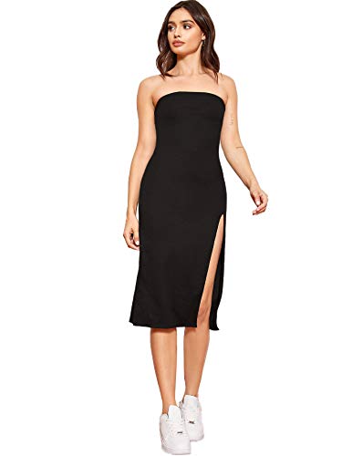 Floerns Women s Solid Strapless Bandeau Tube Split Thigh Bodycon Midi Dress Black S