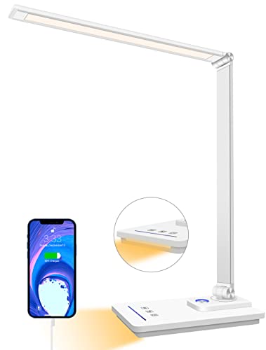 GLITI LED Desk Lamp,Eye-Friendly Dimmable Desk Light,5 Light Colors,6 Brightness Levels,Touch Control Table Lamp with USB Charging Port,Auto Timer, for College Dorm, Home, Office (Ivory)