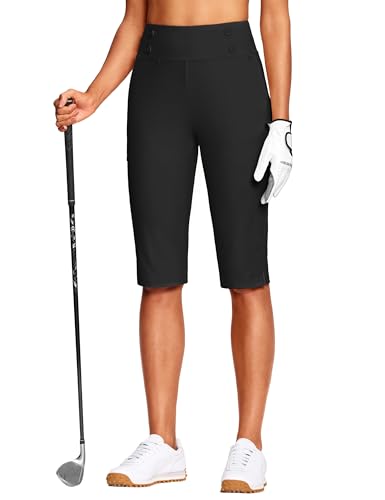 Iseegz 15' Capri Pants For Women High Waist Stretch Women'S Golf Capris For Summer With Pockets Work Casual Black