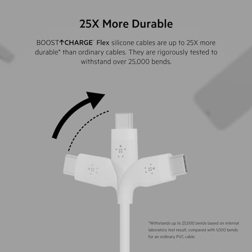 Image of Belkin BoostCharge Flex Silicone USB-C to USB-C Charging Cable (2M /6.6FT) for iPhone 16, iPhone 16 Pro, Galaxy S25, S24, Pixel 9 & 8, Nintendo Switch 2 & More with Cable Clip - Black & White (2-Pack)
