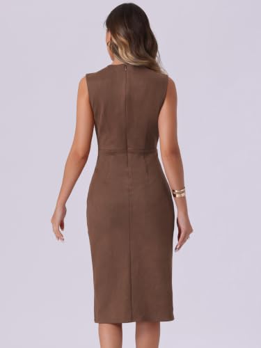 Image of Allegra K Faux Suede Dresses for Women's Sleeveless Crewneck Split Hem Work Office Sheath Dress