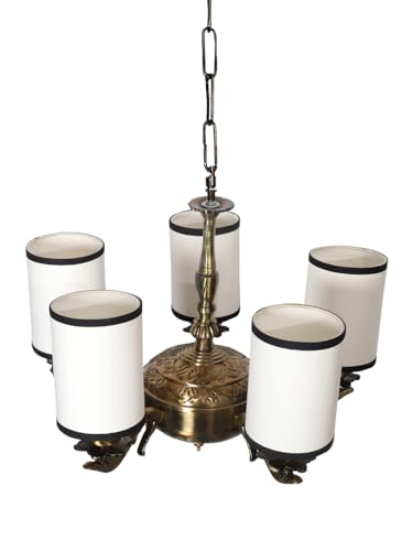 Image of Devansh 05 Lights White & Black Round Cotton Shade with Antique Golden Chandelier