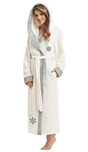 LEVERIE Damen langer Bademantel (made in EU) in tollem Design, Gr. S, ecru-Schneeflocken Cover
