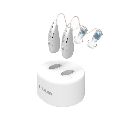 POLALAND Amplificateur Sonore Personnel Rechargeable (Lot de 2) – Ultraléger 4 g, Contour d’Oreille Discret (BTE), Puce DSP, Volume Réglable, Base de Charge Magnétique, pour la TV et les Conversations
