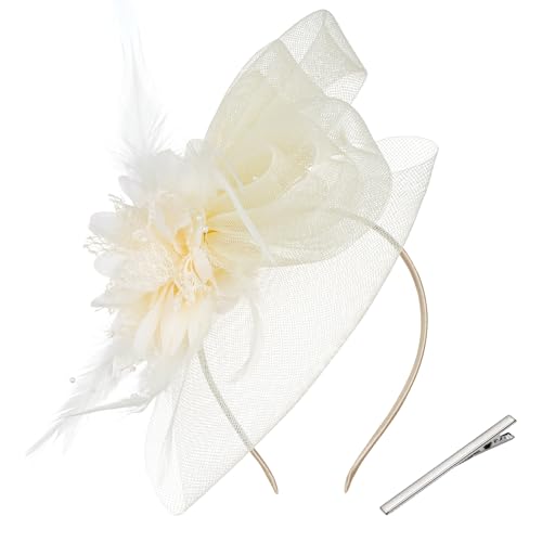 Pistha Fascinators Hats for Women, Fascinator Headband Tea Party Hat with Clip Pearl Veil Feather Headpiece for Wedding Party