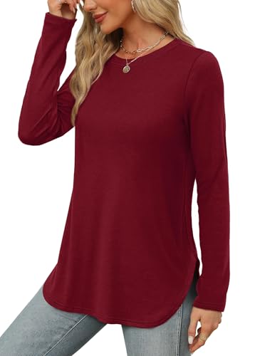 Image of XIEERDUO Womens Long Sleeve Round Neck Shirts Side Split Basic Loose Tunic Tops Casual 2026