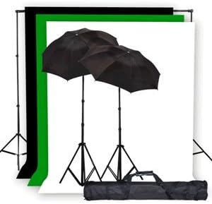 Photo Studio Lighting Light kit & Stand / (3) 10' x 10' Muslin Green, White, Black / (2) Black-Silver Umbrella Reflector 33" - K3