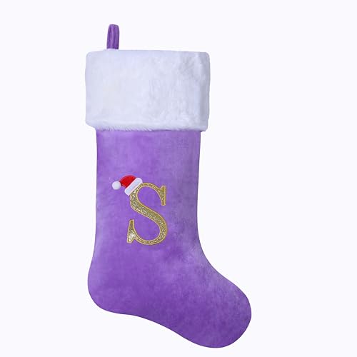 AUAWMLK 20-Inch Christmas Stocking with Embroidered Letter, Thick and Luxurious Purple Velvet with Super Soft Plush Cuff Personalized Festival Decoration for Xmas and New Year Party (Letter S)