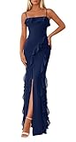 PRETTYGARDEN Women Bodycon Maxi Dress Mesh Ruffle Spaghetti Strap Square Neck Formal Cocktail Wedding Guest Spring Dresses(Navy,Small)