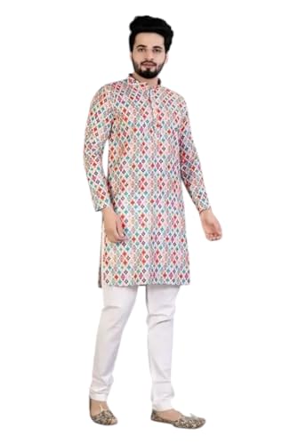 Image of LookMark Men's Cotton Blend Printed Long Kurta Suitable for All Indian Wedding, Occasions, and Festivals