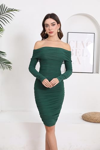 Image of Fooullaide Women's Sexy Off Shoulder Sleeveless Bodycon Ruched Midi Dress