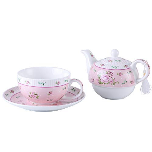 London Boutique Tea for One Teapot Tea cup Saucer Set Gifts for Women Afternoon Tea Set for 1 Vintage Rose Flora Porcelain Gift for Her (Rose Pink)