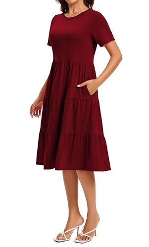 Image of Womens Summer Short Sleeve Crew Neck Midi Dress 2026 Casual Fit Flowy Tiered Beach Vacation Sundress with Pockets