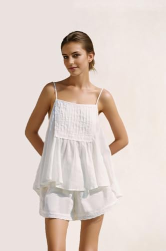 Womens Summer 2 Piece Set Sleeveless Tie Straps Ruffle Trim Top and Shorts Sets Soft Cozy Pajamas Set3