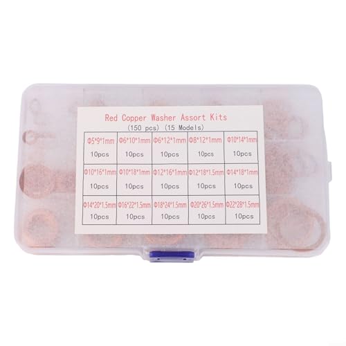 Copper Washer Gasket Set, Flat Ring Seal Assortment Kit with Box, Purple Copper Heat Resistant Sealing Washers for Industrial, Automotive and Sump Applications(150pcs)