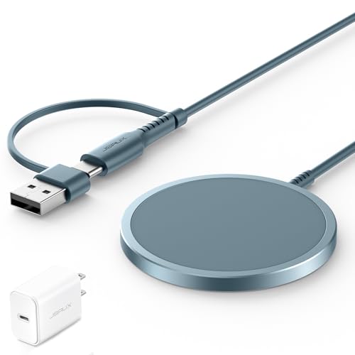JSAUX Magnetisches kabelloses Ladegerät, kompatibel mit MagSafe Ladegerät/iPhone 16e/16/16 Plus/16 Pro/16 Pro Max/15 14 13 12 Serie, Magnet-Ladepad (blau) mit 20 W PD-Adapter-Ladegerät
