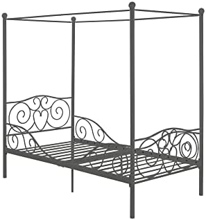 DHP Metal Canopy Kids Platform Bed with Four Poster Design, Scrollwork Headboard and Footboard, Underbed Storage Space, No Box Sring Needed, Twin, Pewter