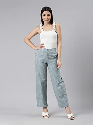 Image of GO COLORS Women Blue Stripe Cotton Wide Pants