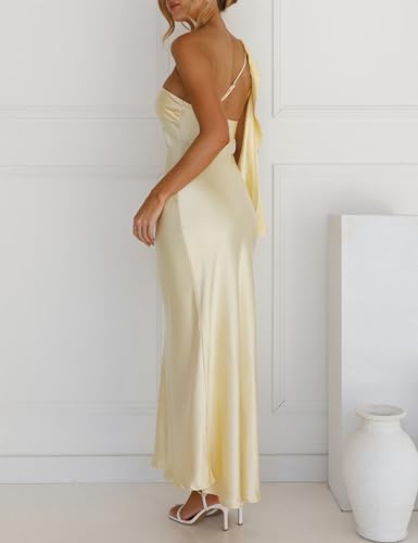 Image of 2026 Satin One Shoulder Maxi Dress for Women Summer Silk Formal Elegant Backless Ruffle Sleeveless Wedding Guest Dresses