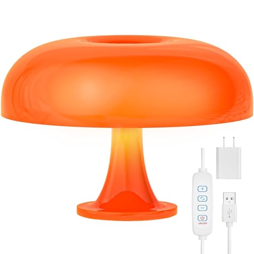 Qiandenghui Mushroom Table Lamp, Dimmable Table Lamp for Bedroom, Orange Acrylic 12W Adjustable Light Color Temperature Lighting Home Decor Night Light for Bedside