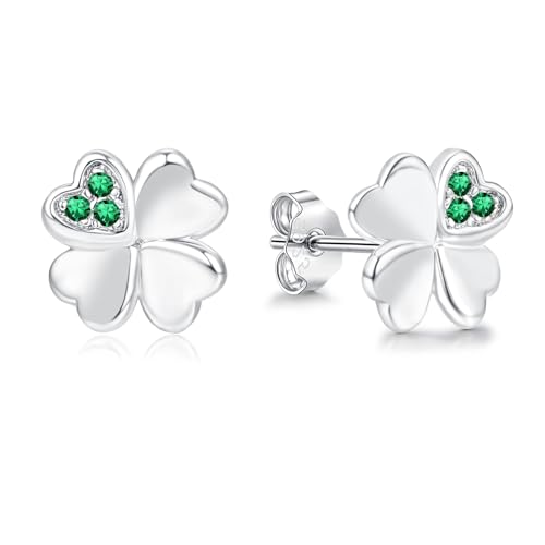Image of Cangall Sterling Silver Stud Earrings for Girls, Good Luck Charm Silver Clover Earrings for Women Daughter, Small 8mm Dainty Green Cubic Zircon Silver Sleeper Earrings Four Leaf Clover Ear Studs