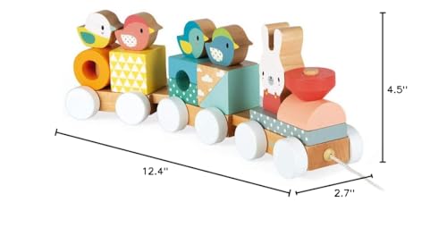 Image of Janod Pure 2-in-1 Beech & Cherry Wood Train Pull-Along & Activity Stacker for Motor Skills & Active Play