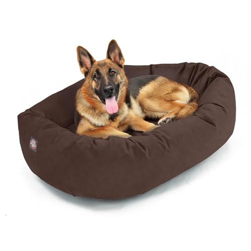 Image of Majestic Pet Suede Shredded Memory Foam Mix Calming Dog Bed Washable - Cozy Soft Round Dog Bed with Spine for Head Support - Fluffy Donut Dog Bed, 52 Inch, Chocolate