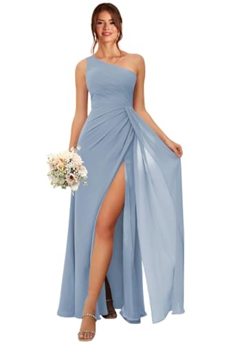 Koendye Dusty Blue Country Bridesmaid Dresses with Slit 2025 One Shoulder Chiffon Bridesmaid Dress...