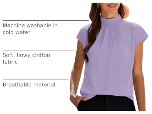 Image of Funlingo Womens Summer Tops Mock Neck Short Cap Sleeve Blouses Business Casual Work Chiffon Shirts Front Pleated Tunic Top
