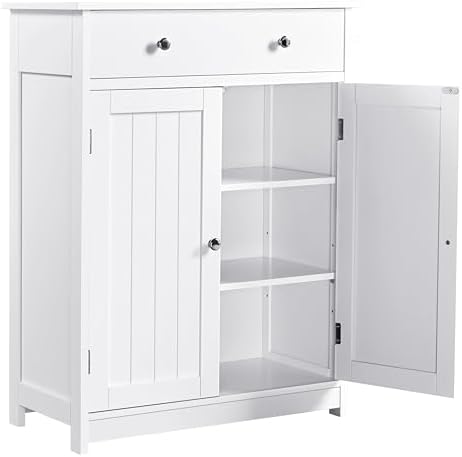 Yaheetech Badezimmerschrank mit Doppeltür und Schublade, Weiß, 60x30x80 cm | Badkommode & Aufbewahrungsschrank - Küchenschrank Beistellschrank für Badezimmer, Küche, Wohnzimmer, Fl