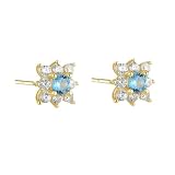 Ayoiow Pendientes de oro real para mujer con aguamarina azul claro y moissanita, pendientes de oro real para mujer, pendientes de flor | oro amarillo de 9 quilates
