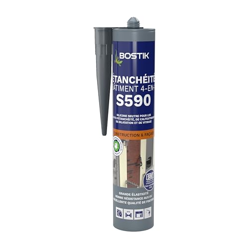 Bostik S590 – Mastic d'Étanchéité Bâtiment 4 en 1 – Intérieur et Extérieur – Joints De Calfeutrement, Dilatation, Façade Et Vitrage – Couleur : Gris Anthracite Ral 7016 – Cartouche 300 ml