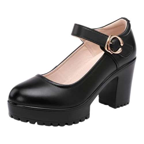 Chunky Heel Platform Mary Jane Shoes for Women's Fashion Round Toe MID Block Heel Anti-Slip Lug Sole Comfortable Pumps with Adjustable Ankle Strap for Work Party Office (Black,10)
