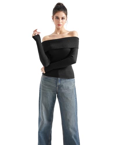 Image of SUUKSESS Women Off Shoulder Sweaters Long Sleeve Ribbed Knit Going Out Fall Tops Blouse