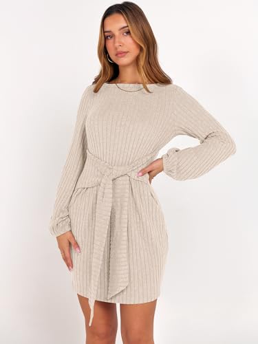 ANRABESS Womens 2025 Fall Dress Long Lantern Sleeve Ribbed Knit Casual Tie Waist Lightweight Mini Sweater Dress3