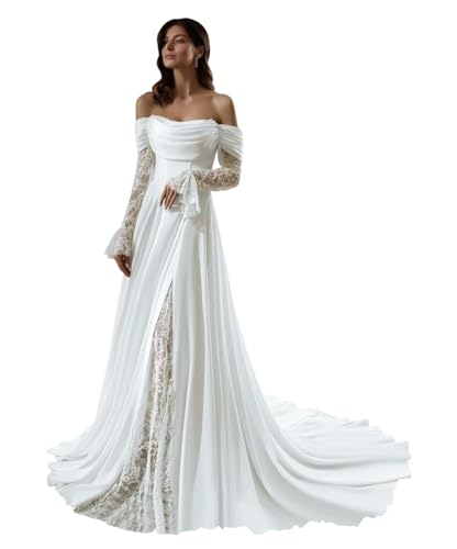 SyZRxyLe Modest Long Sleeve Wedding Dresses for Bride White Satin
