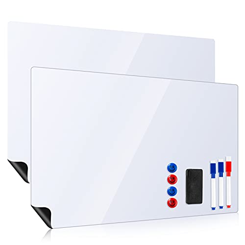 Image of Magnetic Dry Erase White Boards for Refrigerator, 2 Pack 17”x12” Fridge Whiteboards Menu Organizer Boards, 3 Markers with Eraser, 1 Big Dry Eraser and 4 Pin Magnets for Grocery List, Planner, Kitchen