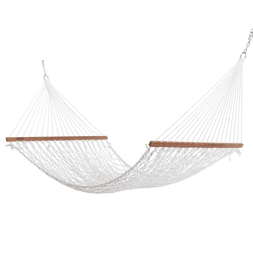 Hatteras Hammocks Deluxe White Duracord Rope Hammock with Free Extension Chains & Tree Hooks, Handcrafted in The USA, 450 LB Weight Capacity, 13 ft. x 60 in