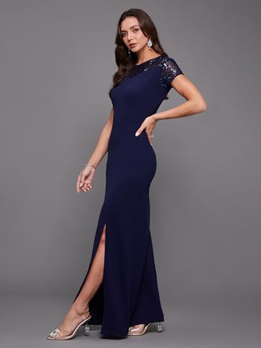 Image of Miss Chase Women's Round Neck Cap Sleeves Sequin Paneled Maxi Dress