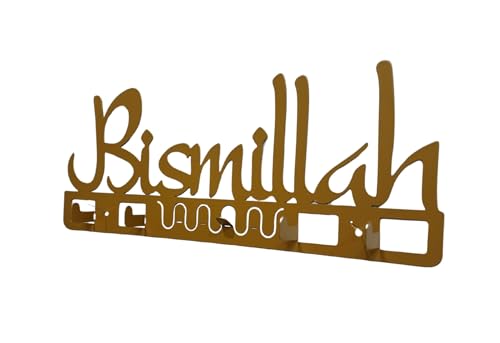 Metal Key Holder AMN-468 Bismillah Wall Mounted Hook Organizer Rack Islam Hanger Praying Room Decor Entryway Hallway Garage Doorway Muslim Gift (Gold)