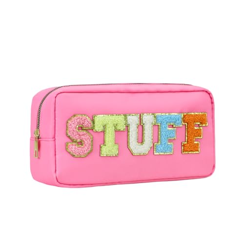 DYSHAYEN Nylon Stuff Cosmetic Bag Small Travel Preppy Makeup Pouch Bag for Women Girls with Chenille Letter Patches (Pink-STUFF)
