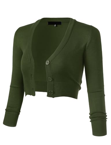 Allsense Women's 3/4 Sleeve Cropped Bolero Shrug Button Down Cardigan Sweater Lightweight Knit