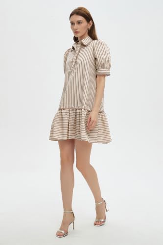 Image of EZAPINE Women Striped Shirt Dress Summer Button Down Collared Short Puff Sleeve Ruffle Hem Casual Flowy Mini Dress